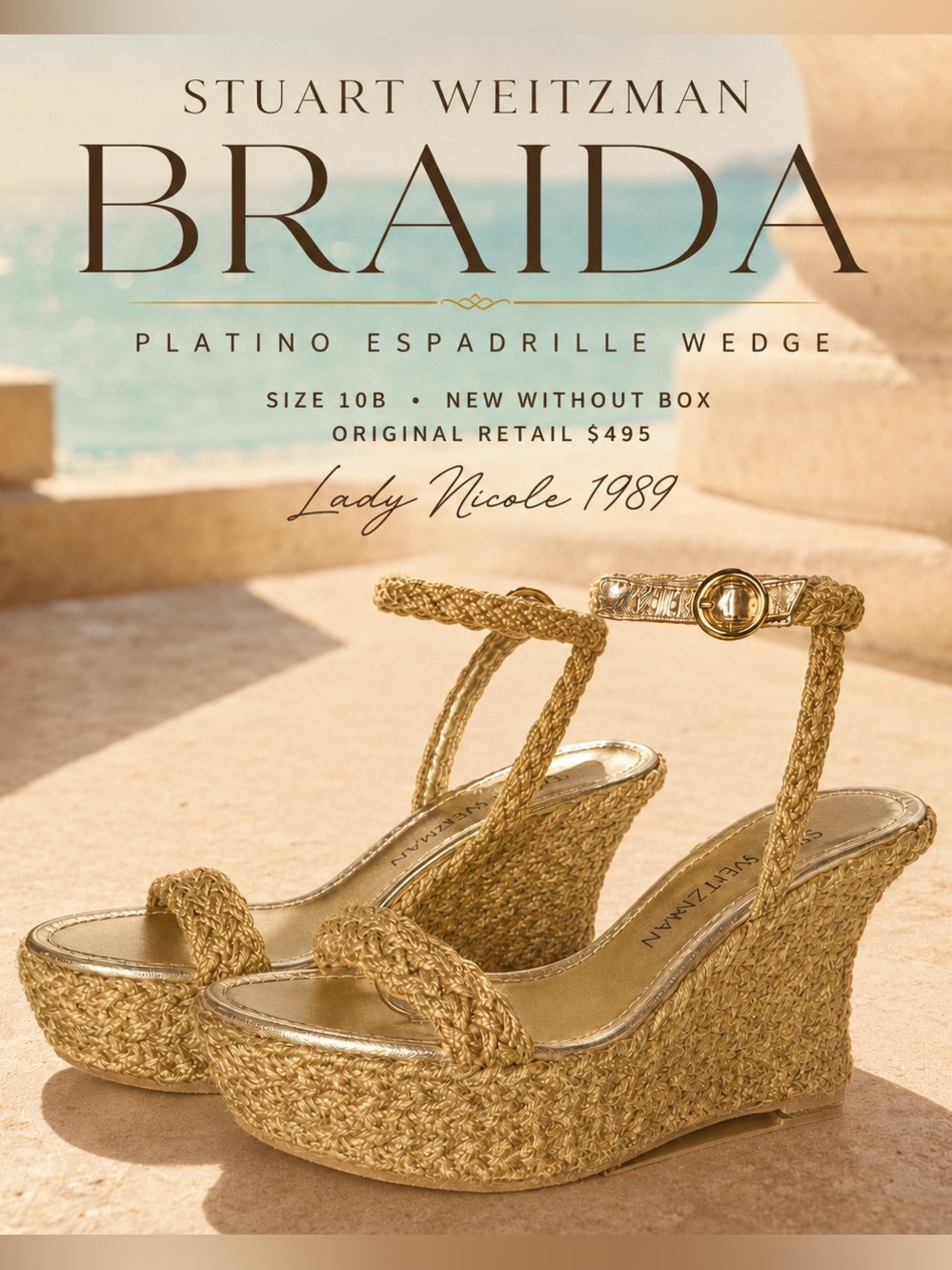 Stuart Weitzman Braida Gold Espadrille Wedges Size 10B NWOB